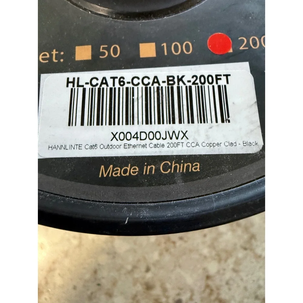 HANNLINTE Cat 6 Outdoor Ethernet Cable 200FT Black 24AWG 550MHz HL-CAT6-CCA-BK‎